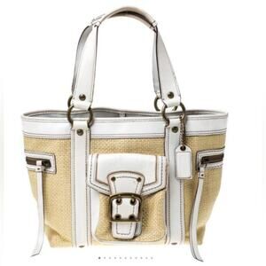 Coach Beige/White Straw and Leather Tote